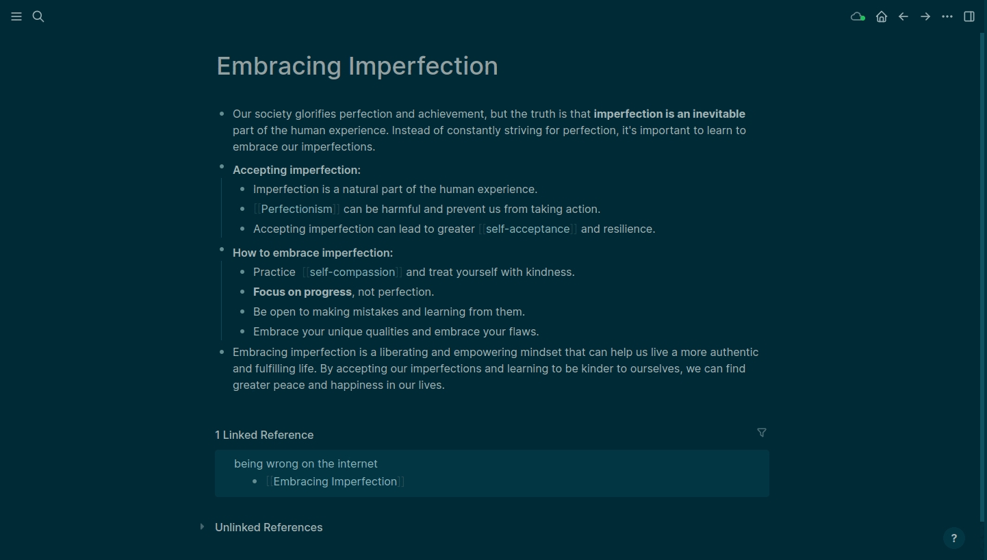 Animation that shows Logseq's user interface in dark mode with a whiteboard diagram explaining domain names, focused writing markdown text and a page graph.